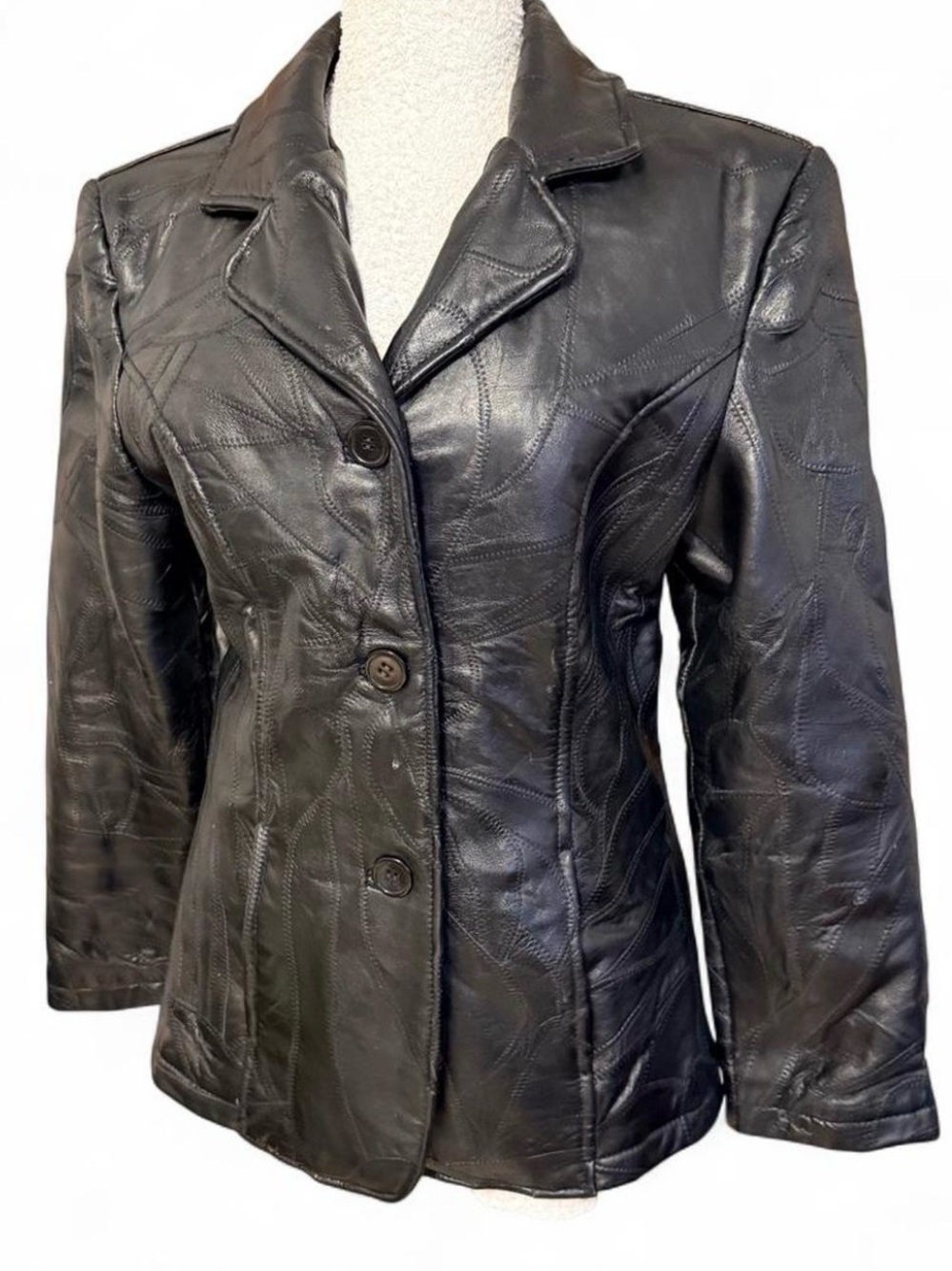 Vix Black Patchwork Leather Button-Front Jacket